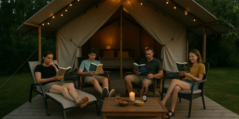 Een gezin op vakantie boeken aan het lezen