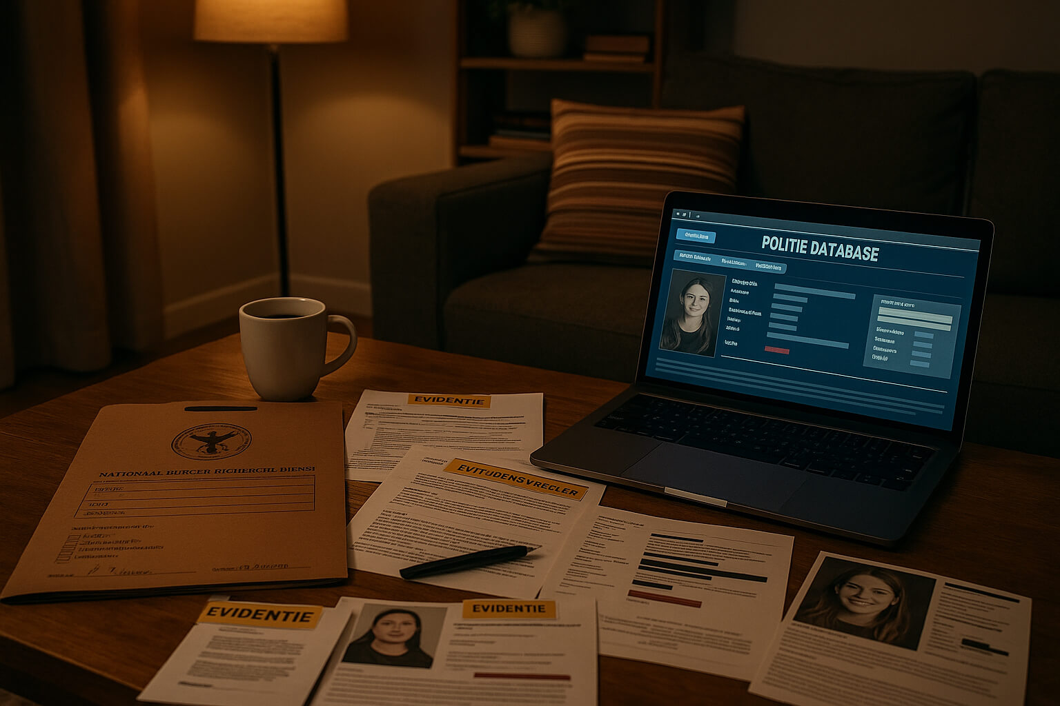 Het dossier voor een moordspel thuis met de politiedatabase